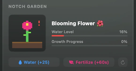 Notch Garden card with a pixel art blooming flower, water level and growth progress bars, and Water and Fertilize buttons