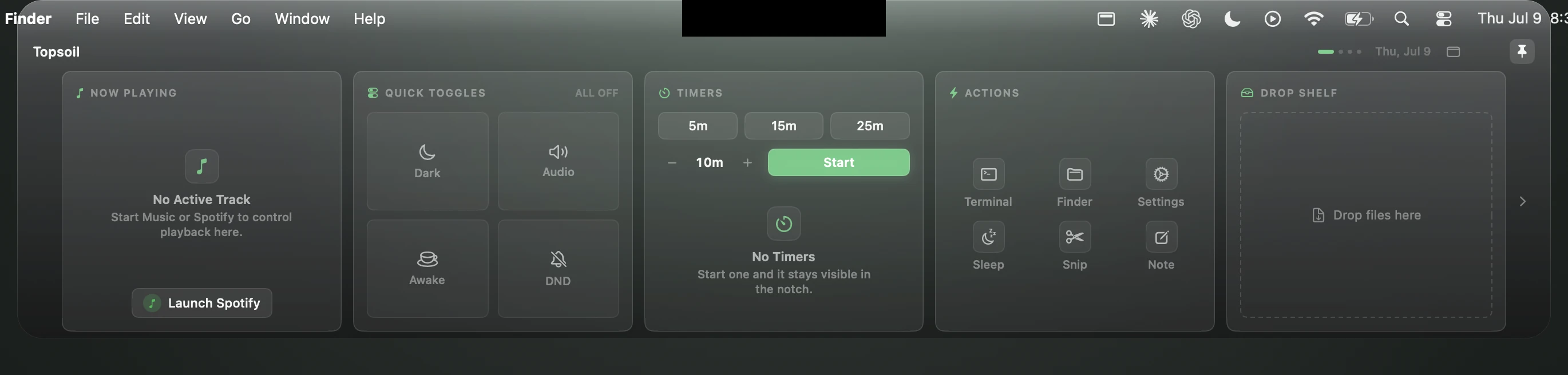 Top of a MacBook display with the Topsoil dashboard expanded below the notch, showing Now Playing, Quick Toggles, Timers, Actions, and a Drop Shelf