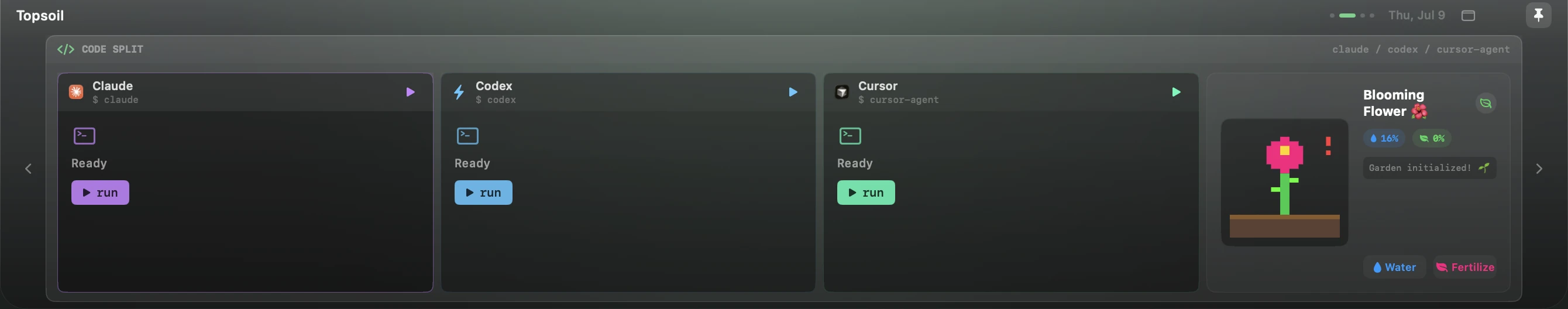 Topsoil Code page with Claude, Codex, and Cursor command line panes
