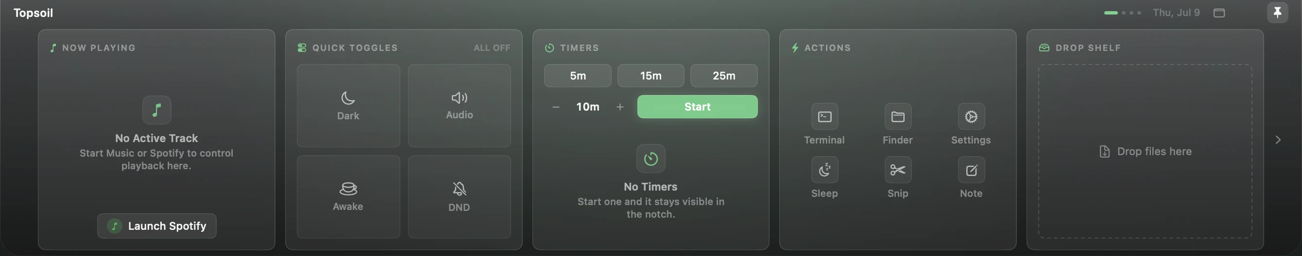 Topsoil Quick page with Now Playing, Quick Toggles, Timers, Actions, and a Drop Shelf