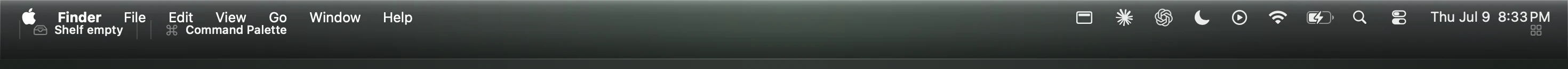 Full width wide bar strip across the top of the screen showing file count, current project, and command palette entry